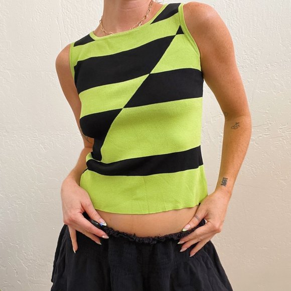 Tops - Y2K Lime Green Black Funky Abstract Knit Sleeveless Top